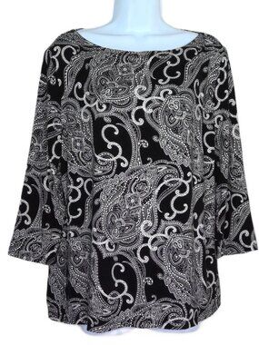 Ann Taylor Factory Top Black & White Paisley Stretch 3/4 Sleeve Cottagecore XL